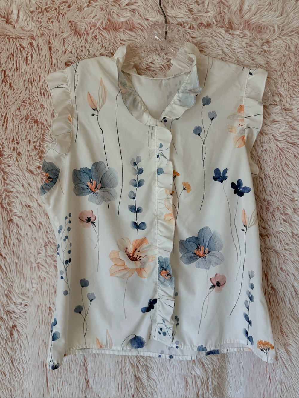 Ruffle-Trim Sleeveless Floral Blouse - White with Blue & Peach Floral Print